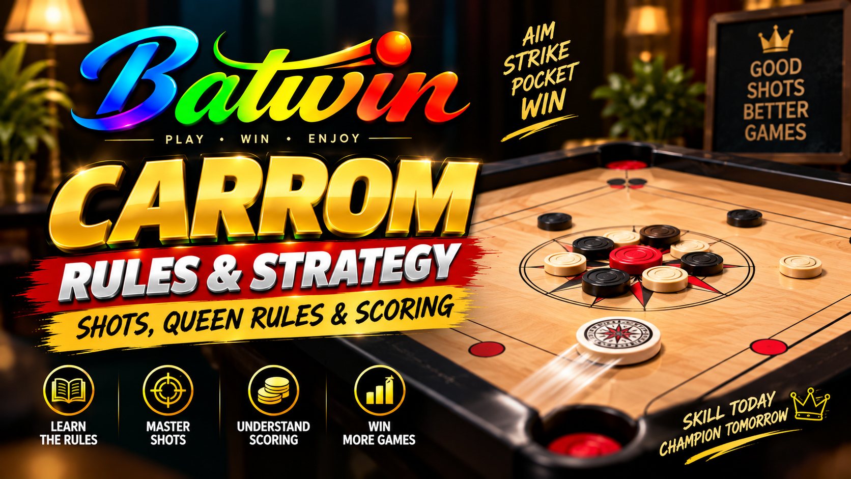 Carrom board with black and white coins, the red queen and a striker