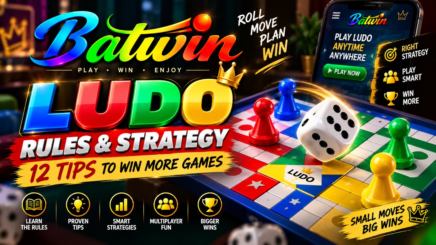 Ludo board with four colours of tokens and a dice
