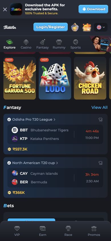 Batwin mobile lobby with Download, Login/Register and category navigation