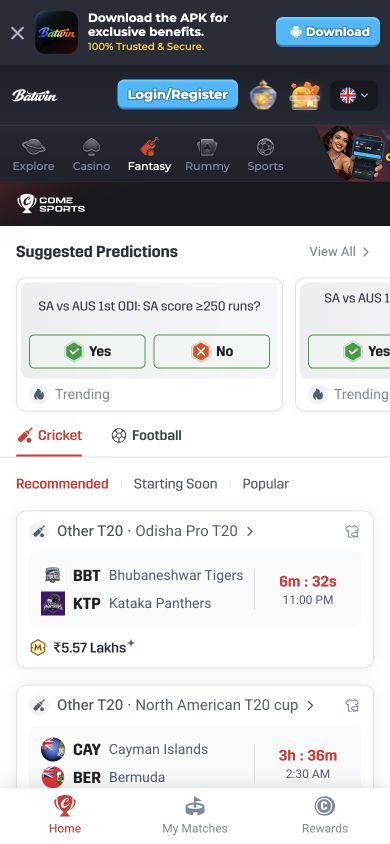 Batwin mobile Fantasy section showing Cricket, Football and fixture cards