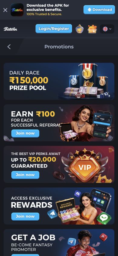 Batwin mobile Promotions page with Race, Refer and Earn and VIP activity cards