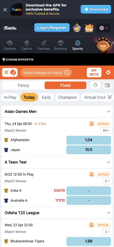 Batwin mobile Sports section showing league search and cricket event listings